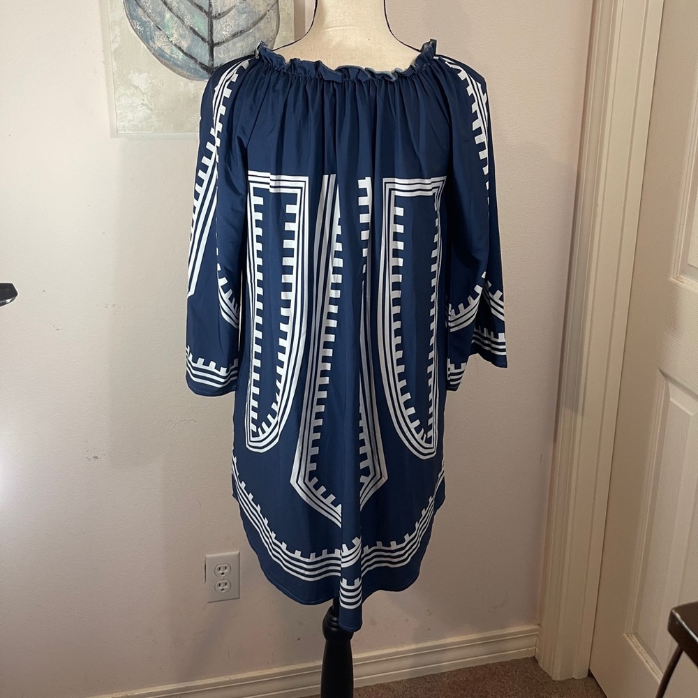 Dark blue print tunic dress/beach cover up